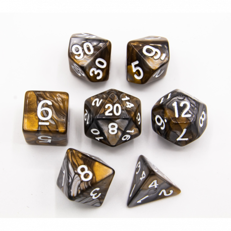 Gold/Silver Set of 7 Fusion Polyhedral Dice with White Numbers  Fair Game Video Games