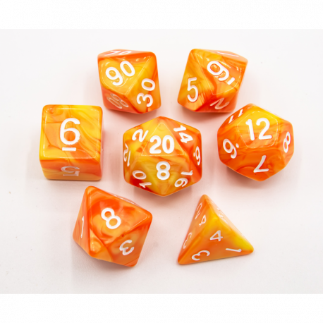 Orange/Yellow Set of 7 Fusion Polyhedral Dice with White Numbers  Fair Game Video Games