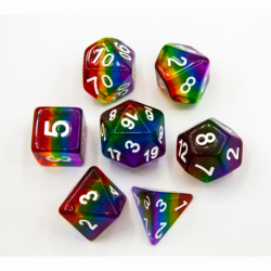 Rainbow Set of 7 Aurora Polyhedral Dice with White Numbers  Fair Game Video Games